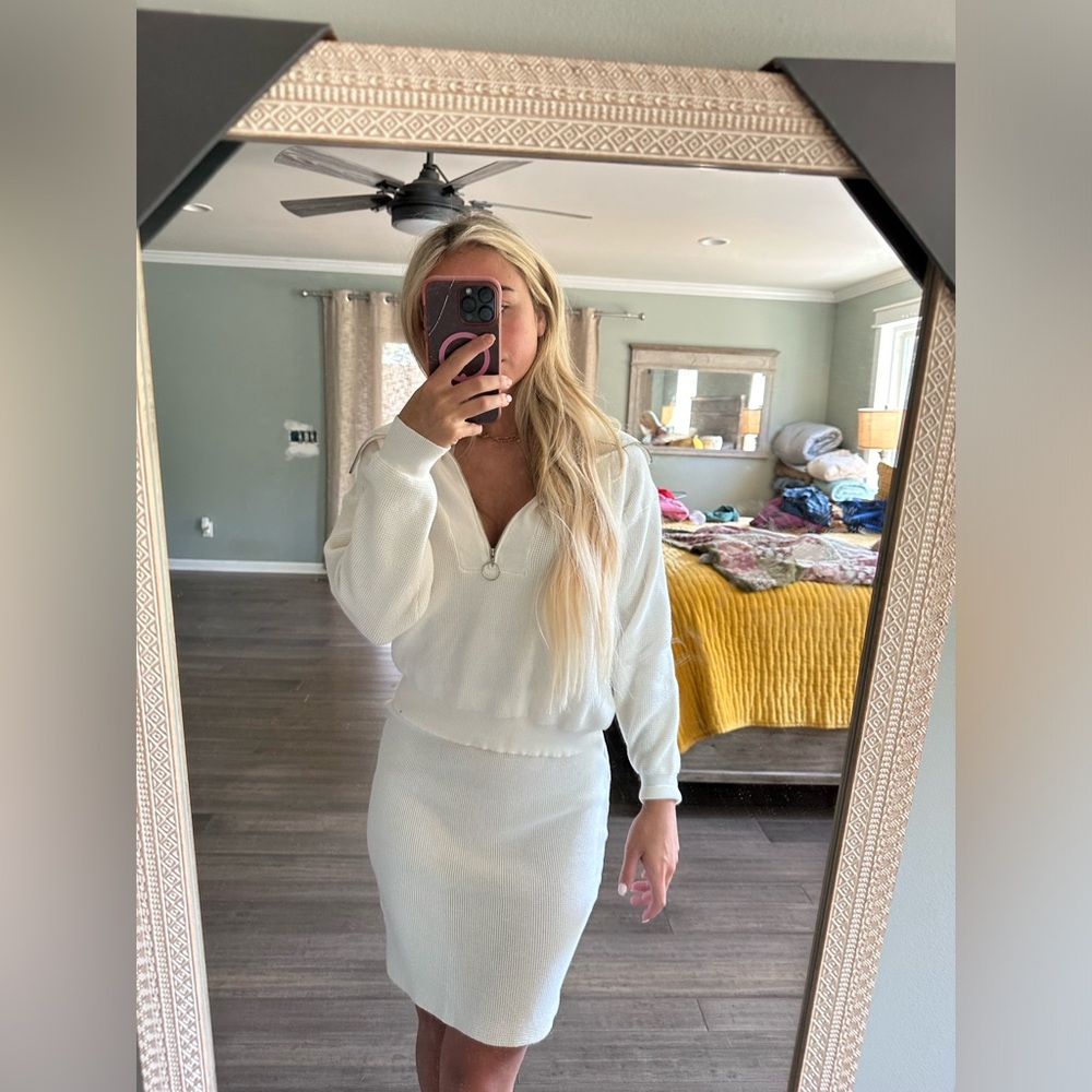 White sweater skirt set